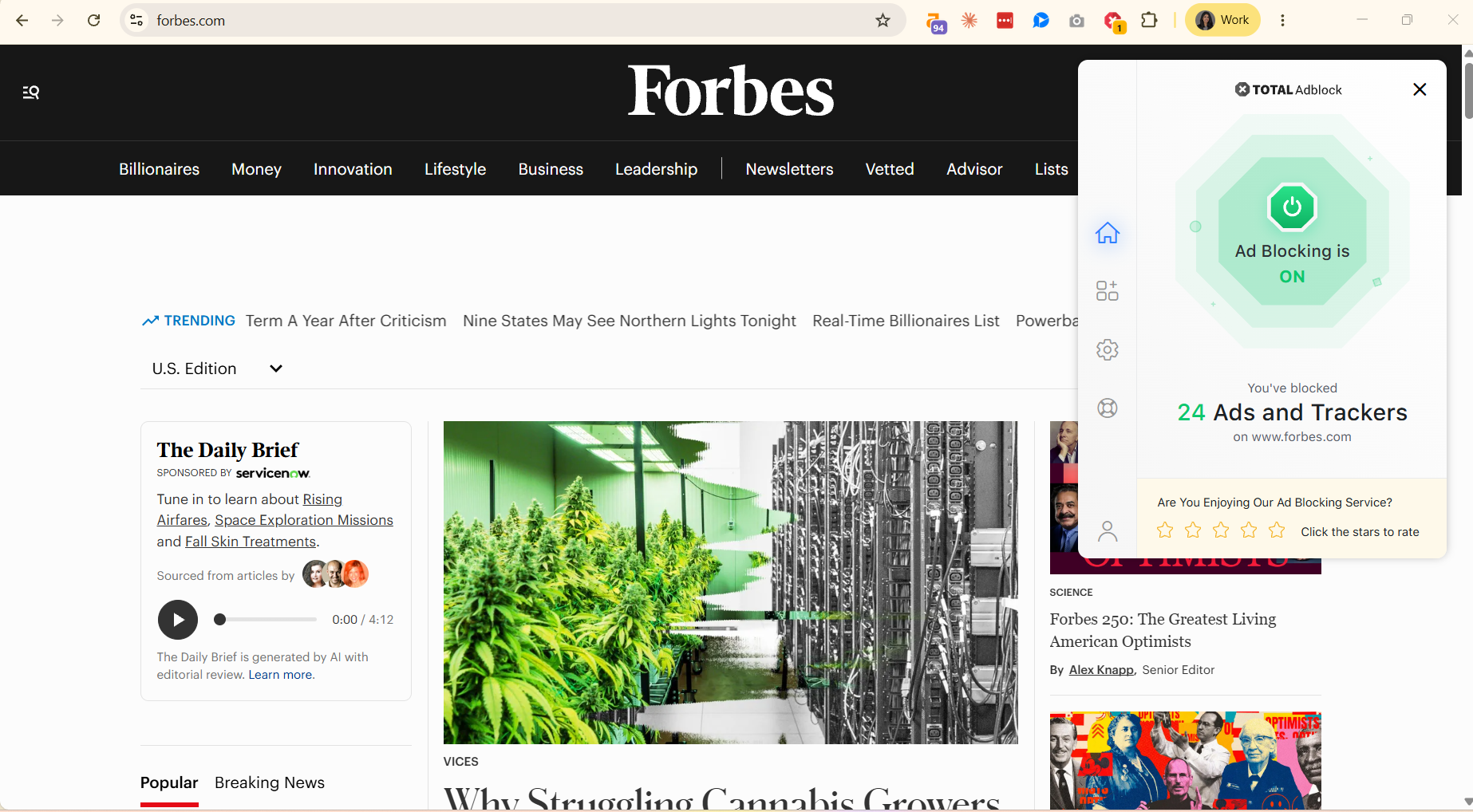 Forbes homepage with Total Adblock extension open