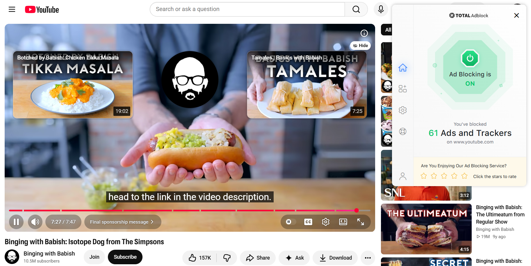 End of YouTube video with Total Adblock extension open in the foreground