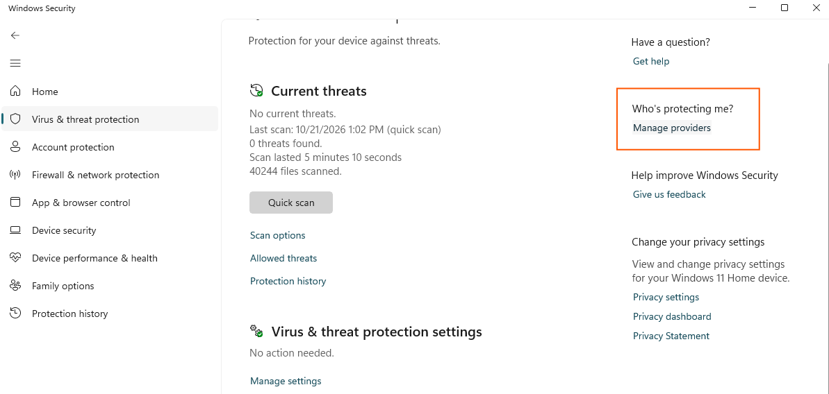 Windows Security's Manage providers under Who's protecting me highlighted