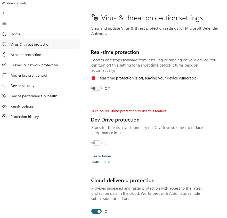 Real-time protection switched Off in Windows Security app