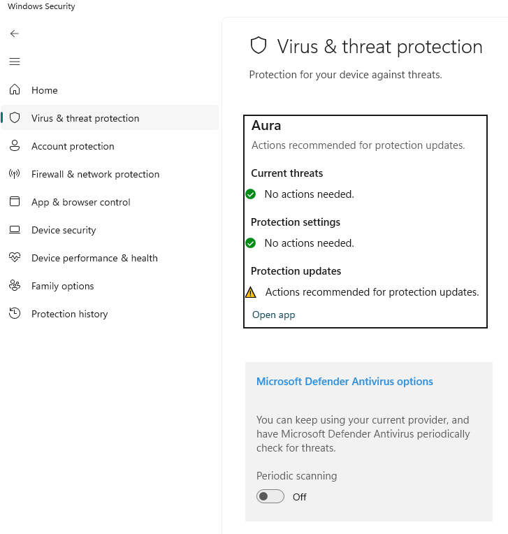 Windows Security's Manage providers screen showing the antivirus provider information Aura and option for periodic scans from Microsoft Defender