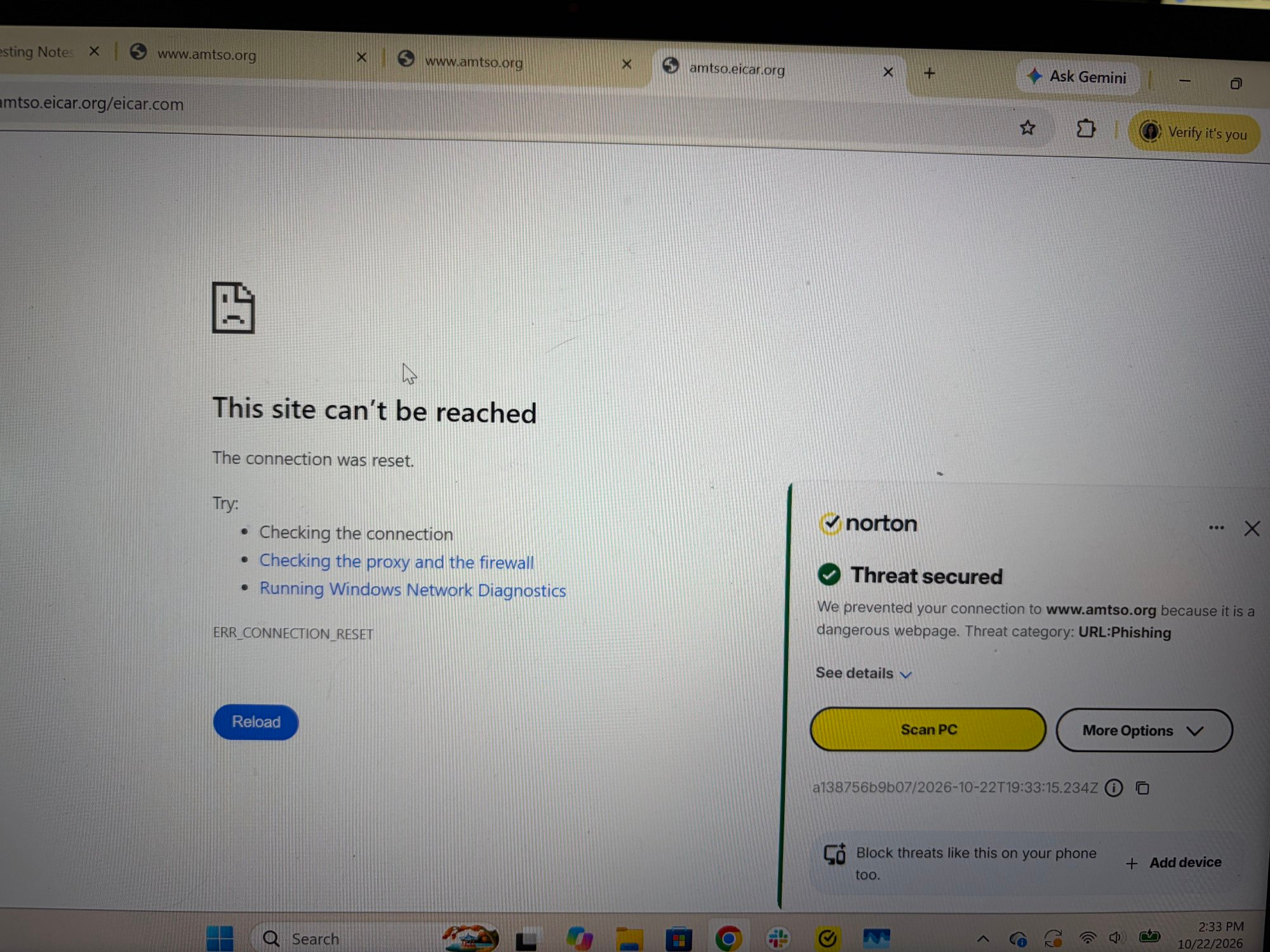 Site error (site can't be reached) and a pop-up from Norton indicating a threat was secured