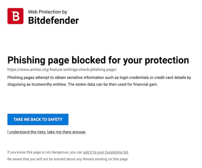 Проезд Bitdefender успешно заблокировал веб -страницу с фишинговыми мошенниками