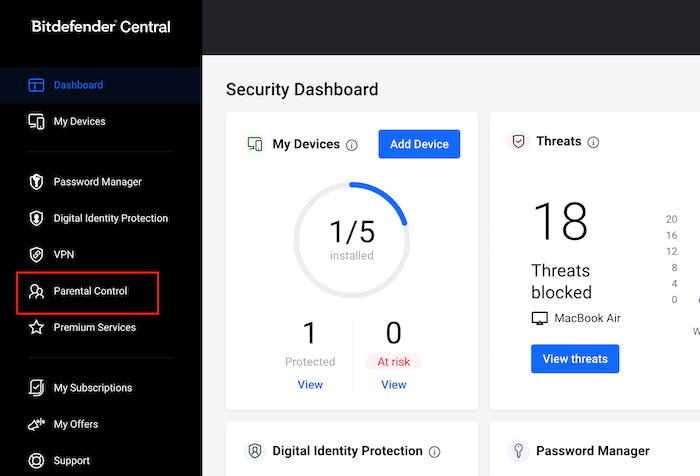 Bitdefender’s Parental Controls are accessed and managed through the browser hub Bitdefender Central.