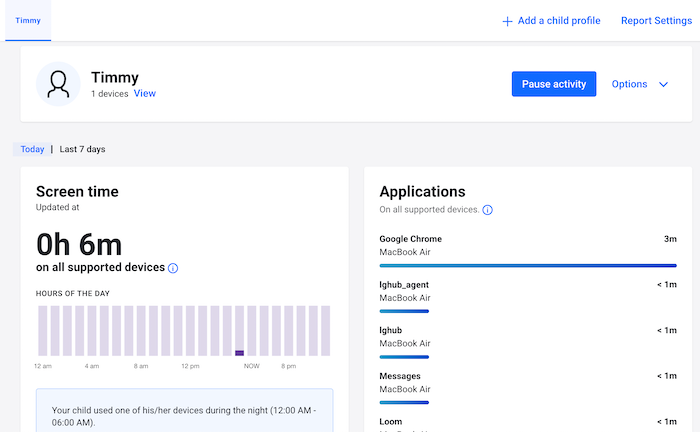 Bitdefender's parental controls interface shows you screen time, applications used, and websites visited.